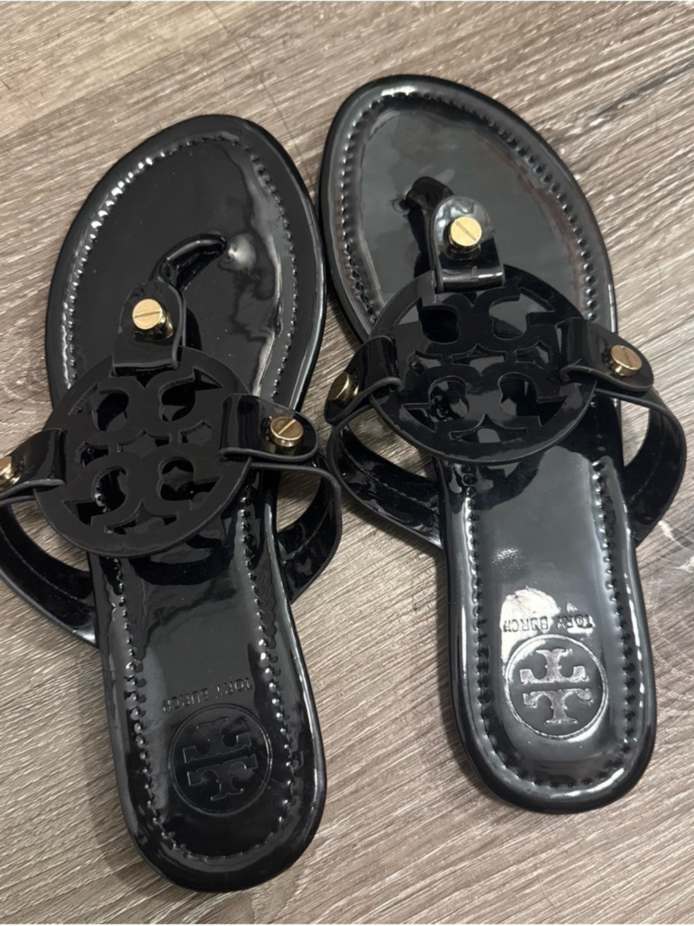 Tory Burch Black Patent Miller Logo Sandals